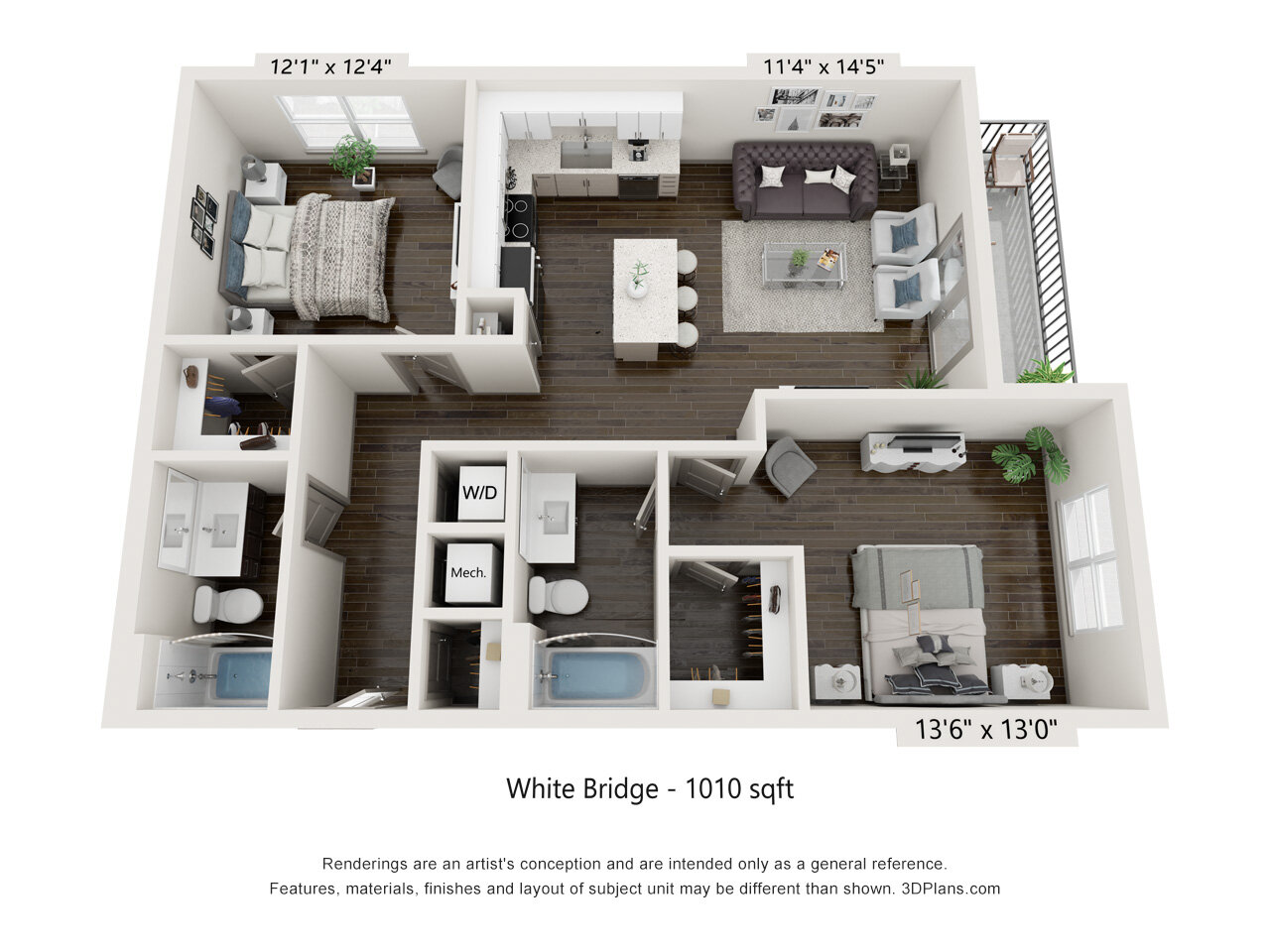 Floor plan for 2 beds, 2 baths, 1010 sqft